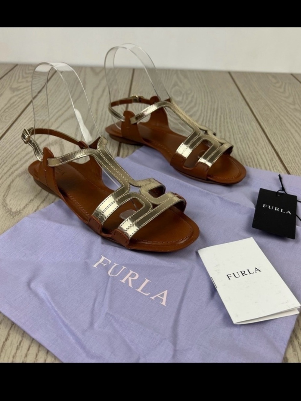 Furla Carmen Leather Vitello Sparkling Sandals 36 Gold & Cognac $365 Italy